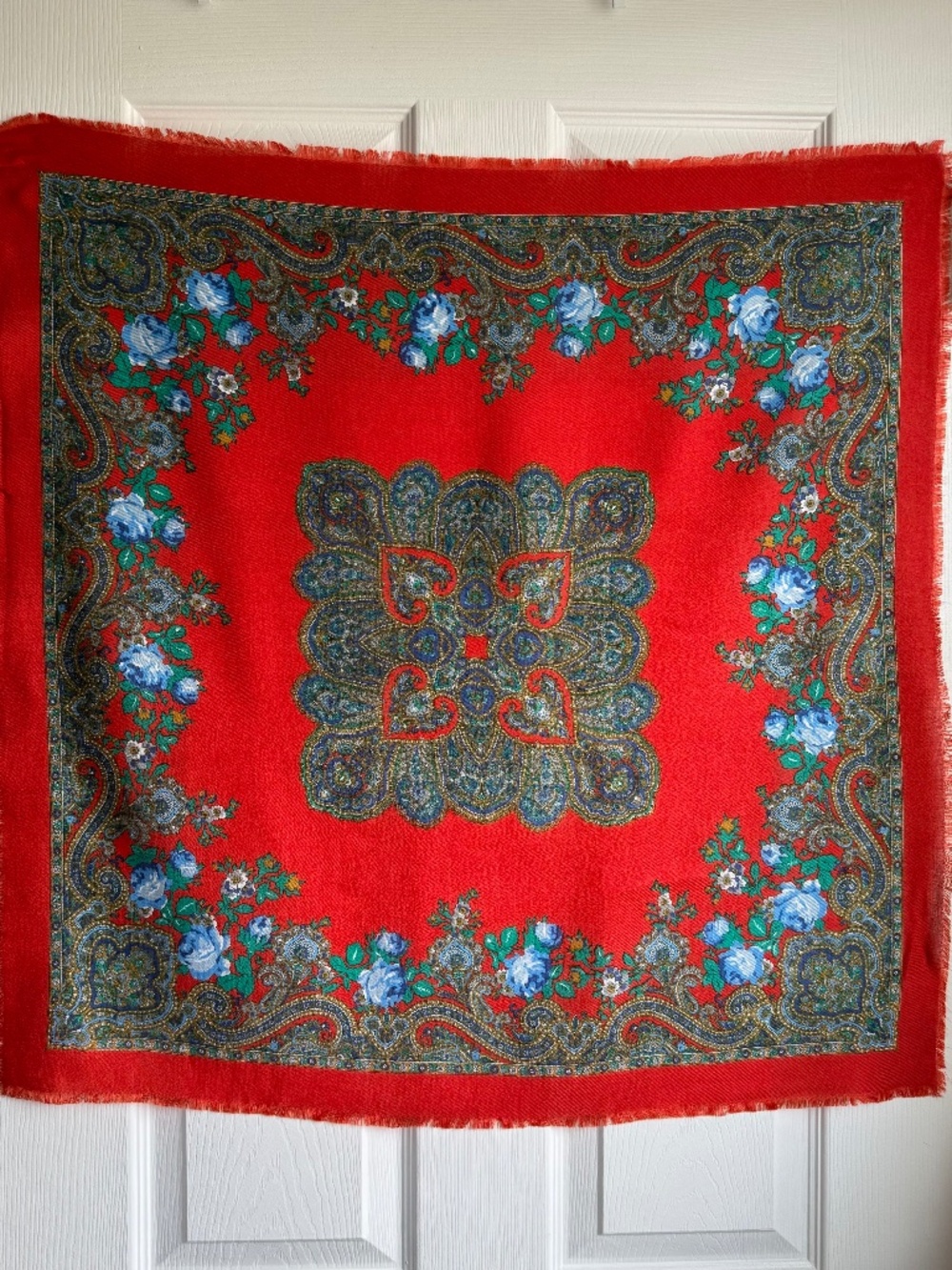 Slavic Wool Floral Shawl Fringe Folk Babushka Boho Chic